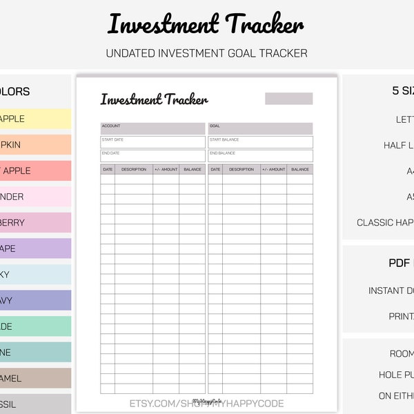 Investment Goal Tracker Printable, Personal Investment Tracker Printable, Financial Investment Tracker Printable