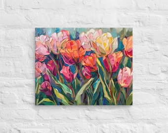 Colorful Tulips Printing Canvas Wallart, Tulips Oil Printing Canvas Wallart, Tulips Wall Art, Colorful Spring Floral Wall Art