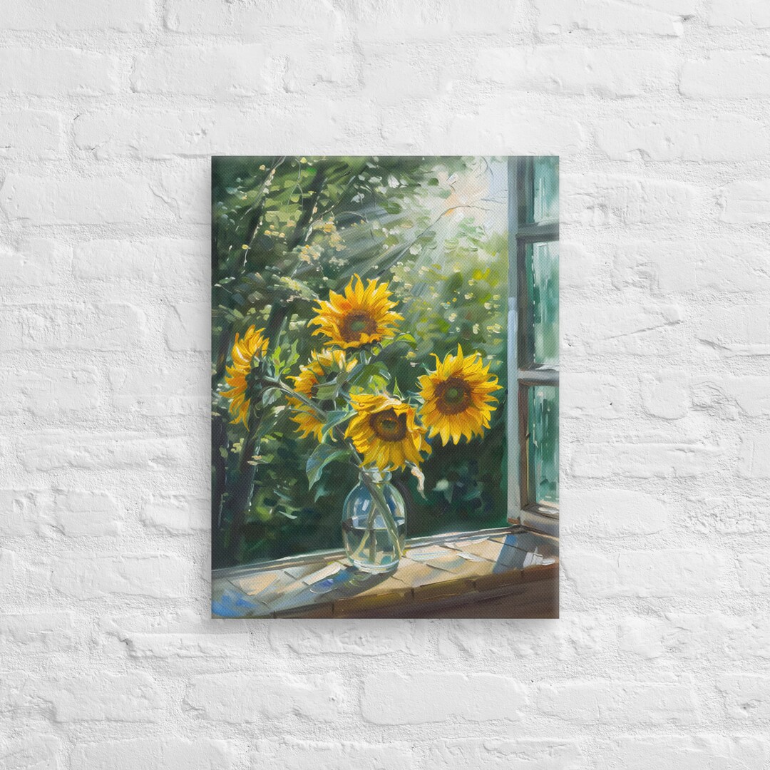 Sunflowers in Vase Near the Window Printing Canvas Wallart, Sunflowers ...