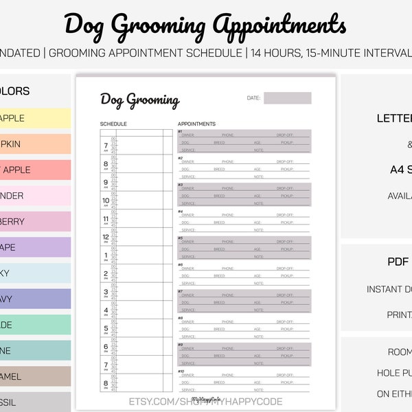 Undated Dog Grooming Appointment Schedule Printable, Dog Grooming Appointment Book Printable, Groomer Appointment Book, Groomer Schedule