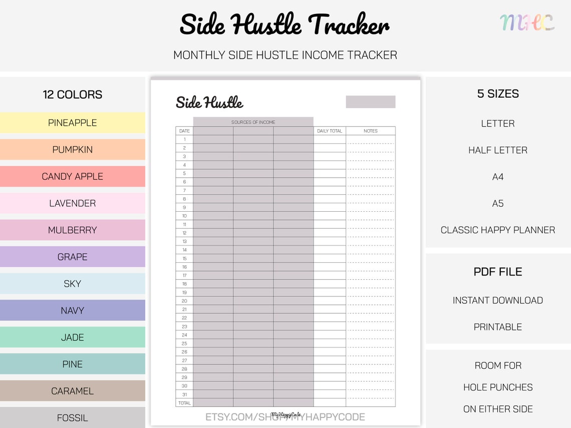 Side Hustle Tracker Printable, Side Hustles Tracker Printable