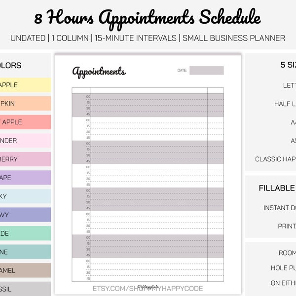 1 Column 8 Hours Appointment Schedule Printable, Appointment Log, Appointment Track, Salon Appointment Book, Appointment Planner