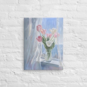 Pink and White Tulips in Vase by the Window Printing Canvas Wallart, Pink and White Tulips Wall Art, Romantic Floral Wall Art