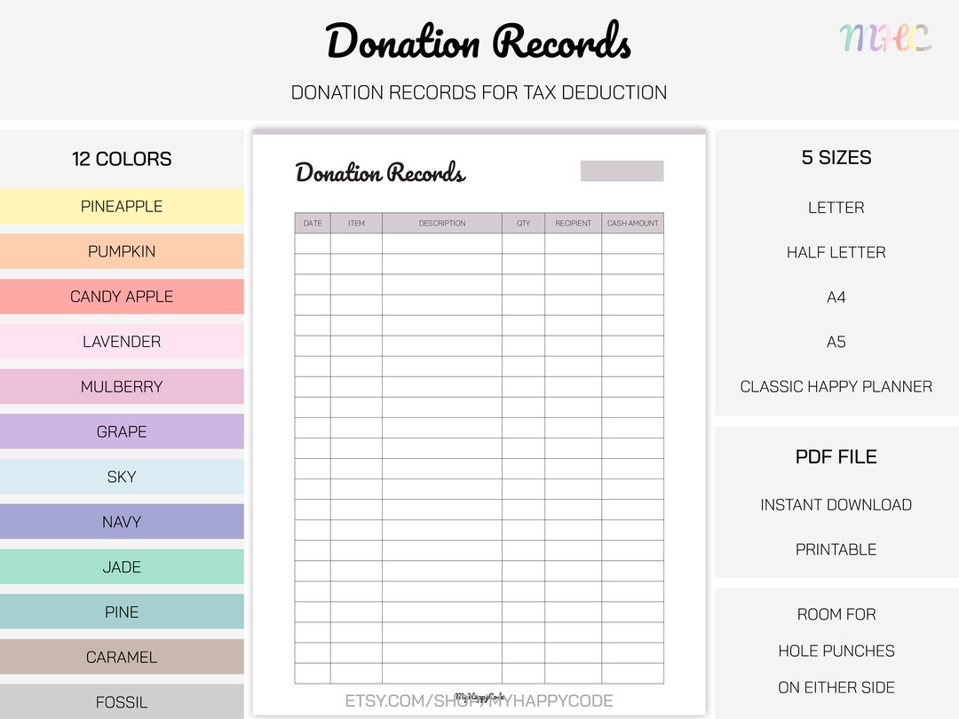Donation Records Printable for Small Business, Donation Records