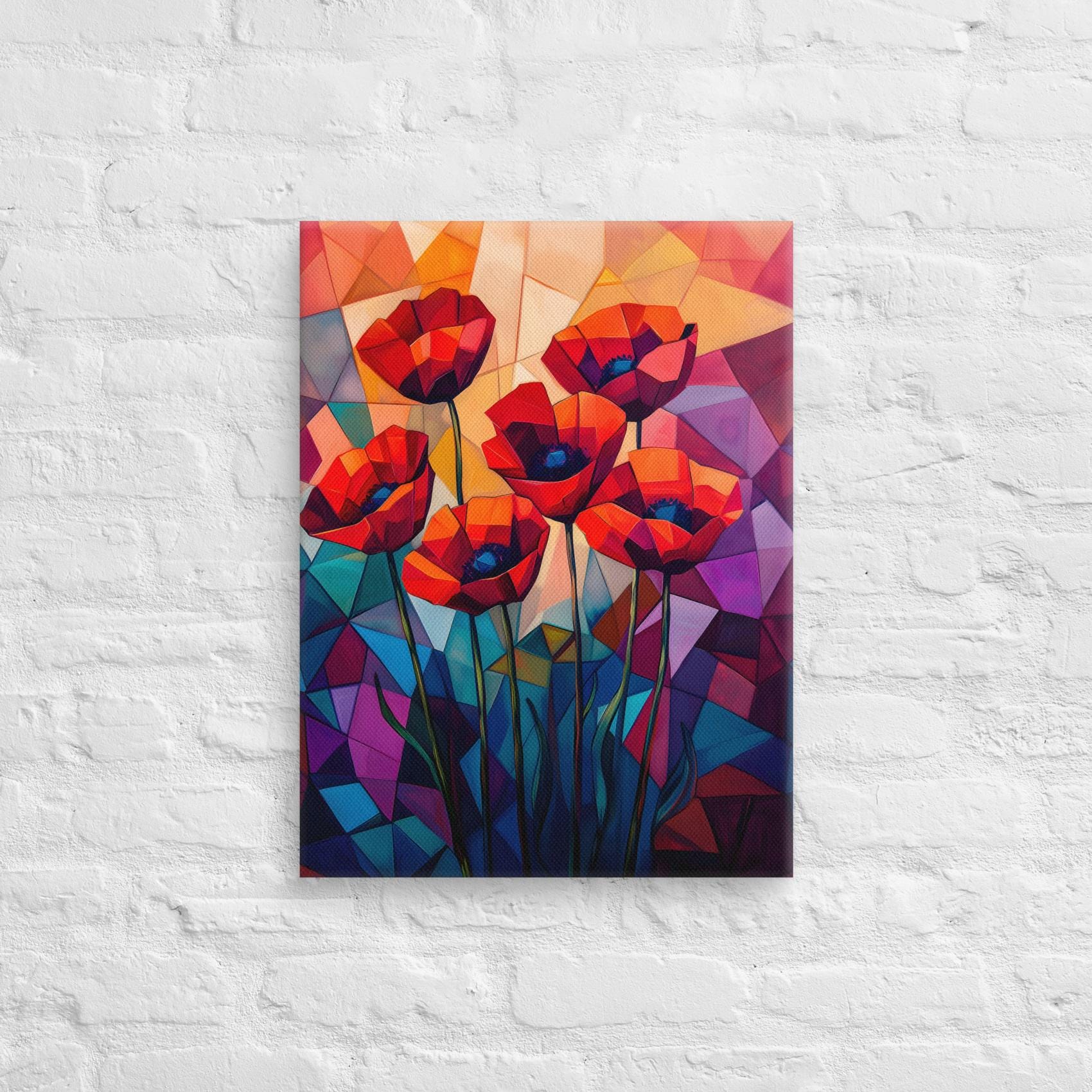 Geometric Red Poppies Printing Canvas Wallart, Abstract Red Poppies Wall Art, Modern Red Poppy Flower Wall Art, Dopamine Floral Wall Art