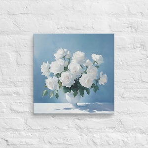 White Roses Bouquet Printing Canvas Wallart, White Roses Wall Art, White Floral Wall Art, White and Blue Wall Art