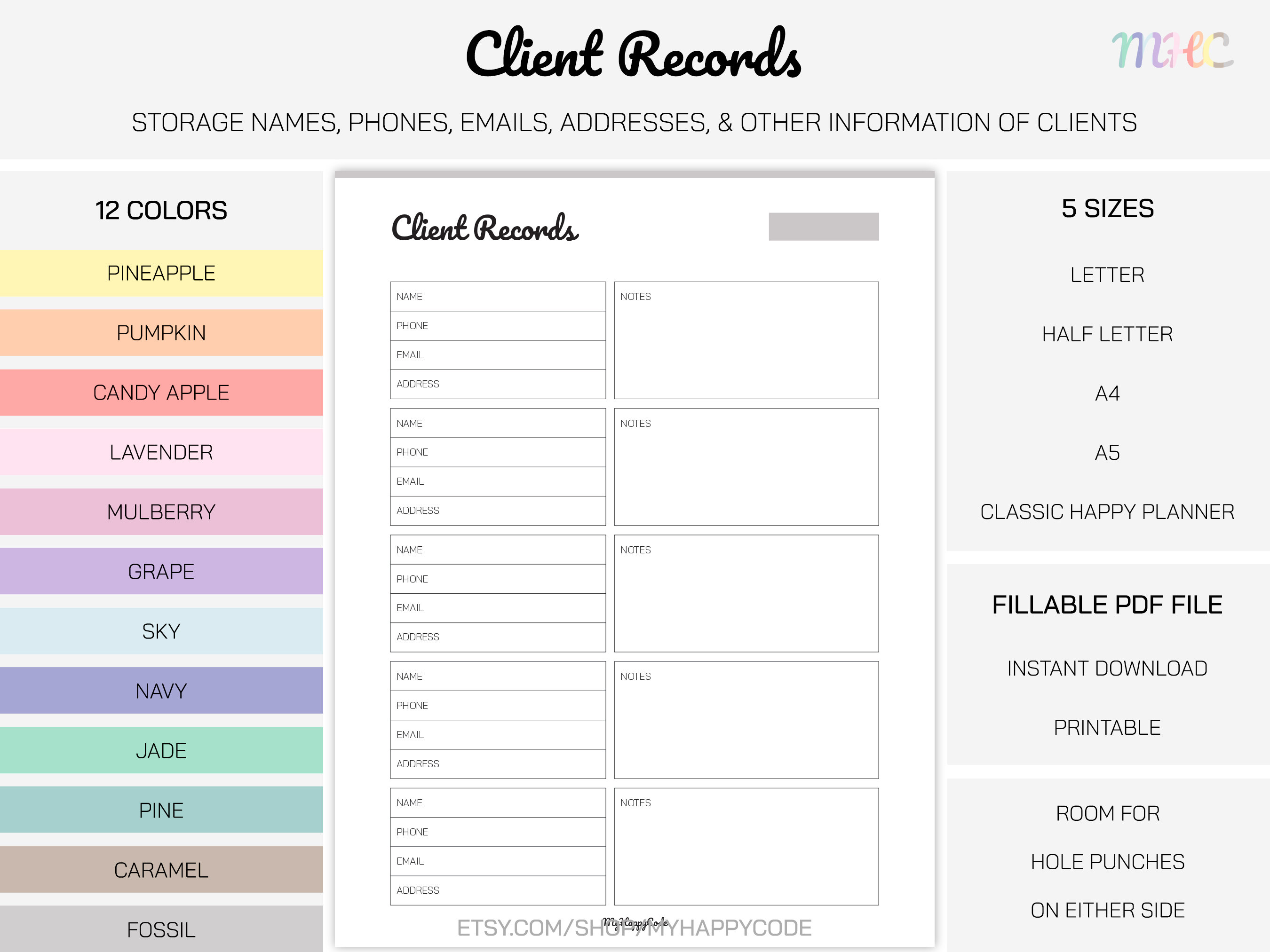 Client Records Printable, Client List, Customer List, Customer Tracker
