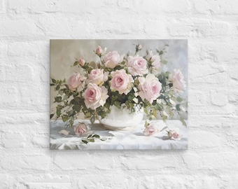 Light Pink Rose Bouquet Oil Printing Canvas Wallart, Pink Rose Bouquet Wall Art, Light Pink Floral Wall Art