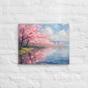 Cherry Blossom by the Lake Painting Canvas Print, Sakura Painting Canvas Print, Peaceful Landscape Canvas Print, Spring Landscape Wall Art