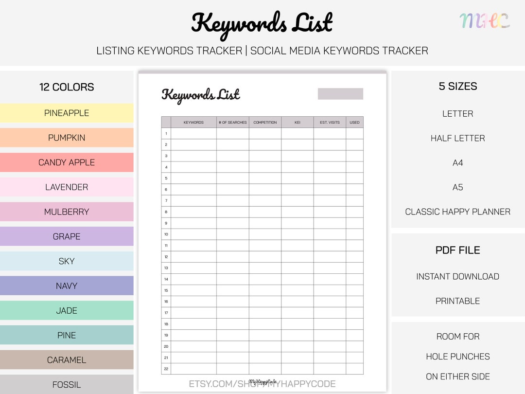 Keywords List Printable, Keywords Tracker Printable, Listing Keywords ...