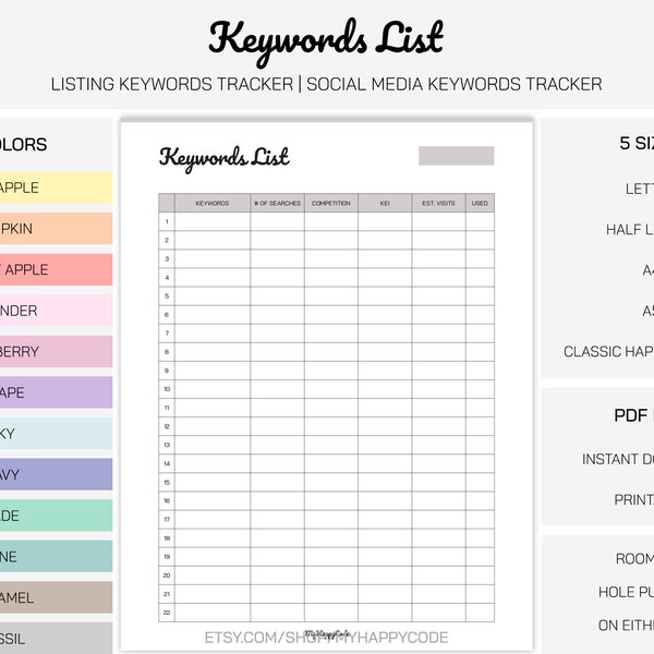 Keywords List Printable, Keywords Tracker Printable, Listing Keywords Tracker Printable, Social Media Keywords Tracker Printable