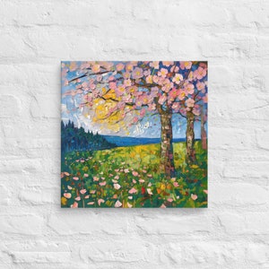 Sakura Park in the Morning Painting Canvas Print, Pink Cherry Blossoms Painting Canvas Print, Sakura Painting Canvas Print, Sakura Wall Art