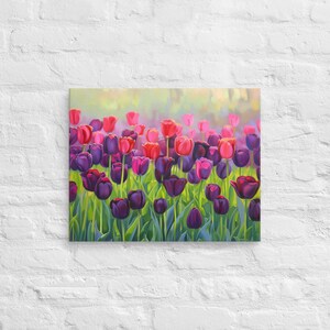 Purple and Pink Tulips in Morning Light Printing Canvas Wallart, Purple and Pink Tulips Wall Art, Purple and Pink Floral Wall Art