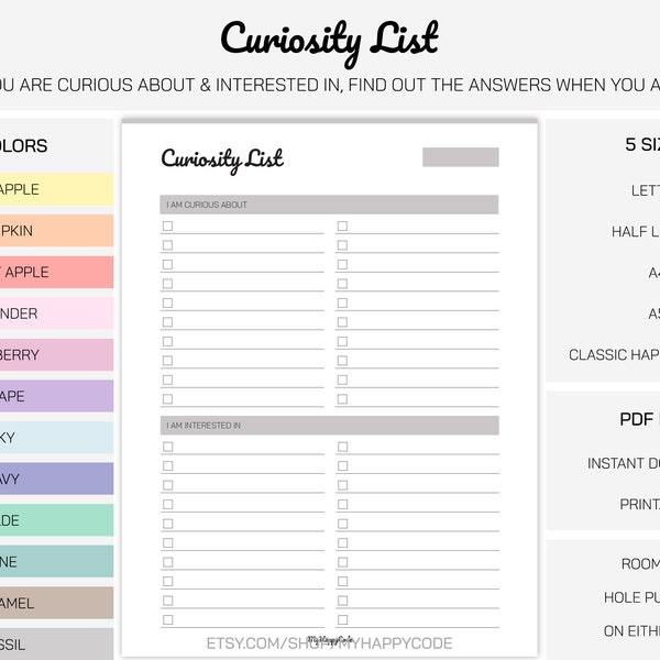Curiosity List Printable, Curious List, My Curiosity, Positive Journal, Retirement Journal, Journal Page Printable