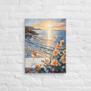 Golden Hour by the Beach Printing Canvas Wallart, Sunset by the Beach Wall Art, Flower Wine and Sunset Wall Art