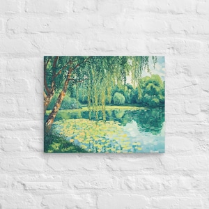 Willow Tree by the Pond Printing Canvas Wallart, Green Willow Tree Scenery Wall Art, Green Landscape Wall Art, Green Nature Scenery Wall Art