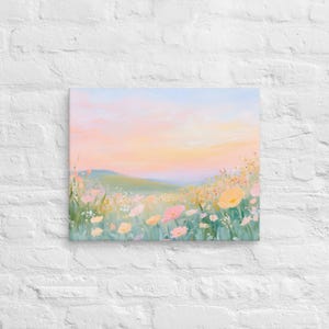 Peach Fuzz Flowers and Hilltop Sunrise Printing Canvas Wallart, Floral Mountain Sunrise Wall Art, Floral Sunrise Landscape Wall Art