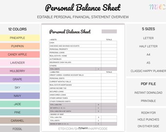 Editable Personal Balance Sheet Printable, Editable Personal Financial Statement Printable, Editable Personal Financial Report Printable