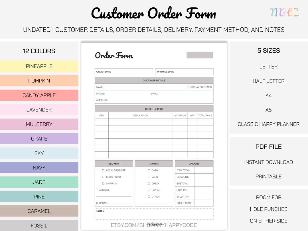 Customer Order Form Printable, Sales Order Form, Small Business Order ...