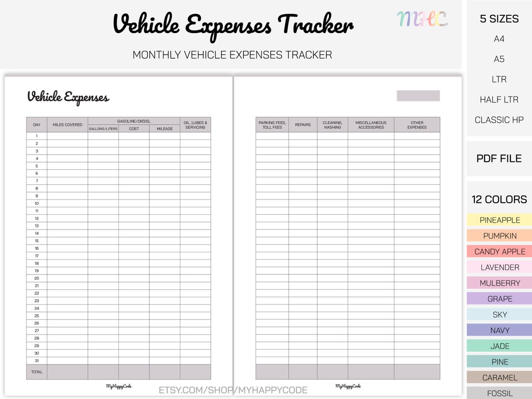 Vehicle Expenses Tracker Printable, Vehicle Monthly Expenses Log