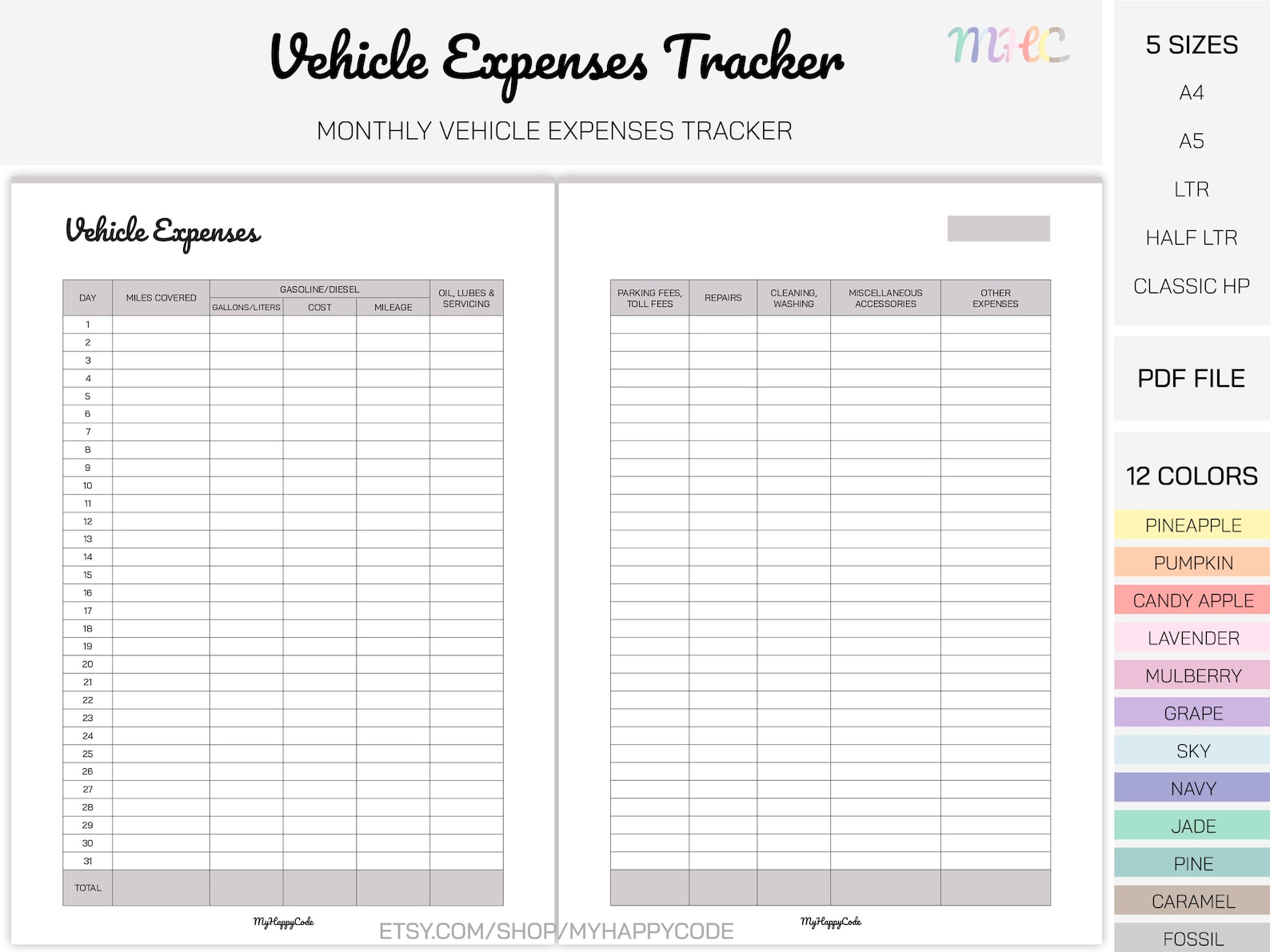 Vehicle Expenses Tracker Printable, Vehicle Monthly Expenses Log