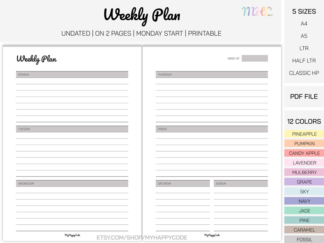 Undated Week Undated Week at A Glance Printable, Undated Weekly Planner Printable ...