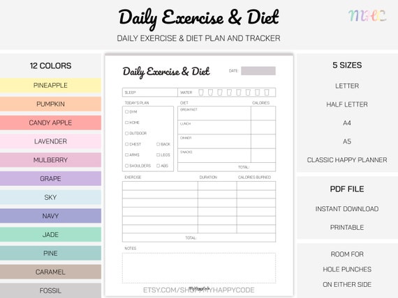 Daily Exercise and Diet Log Printable Daily Fitness Plan and - Etsy