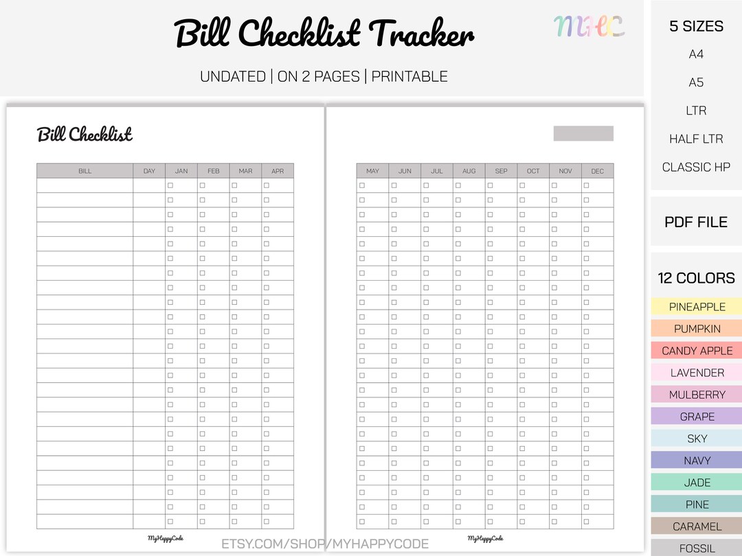 Bill Checklist Tracker Printable, Bill Payment Tracker, Pay the Bill ...