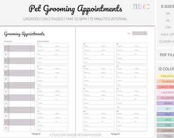 Undated Pet Grooming Appointments Schedule Printable, Dog Grooming Cat Grooming Appointments Planner, Groomer Appointments Planner