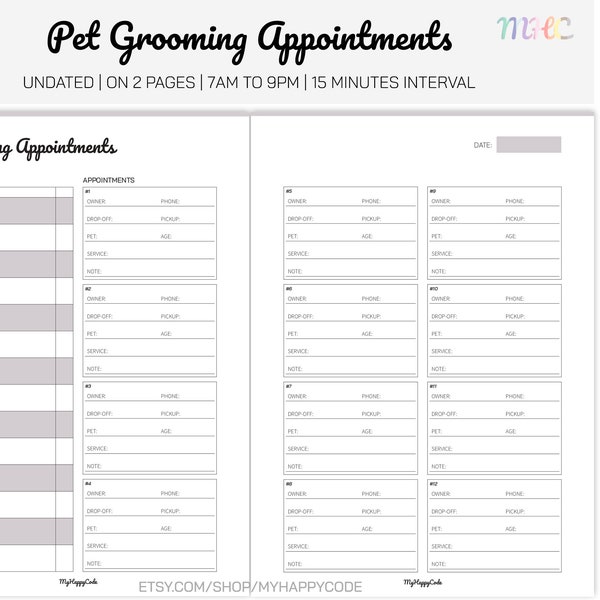 Undated Pet Grooming Appointments Schedule Printable, Dog Grooming Cat Grooming Appointments Planner, Groomer Appointments Planner