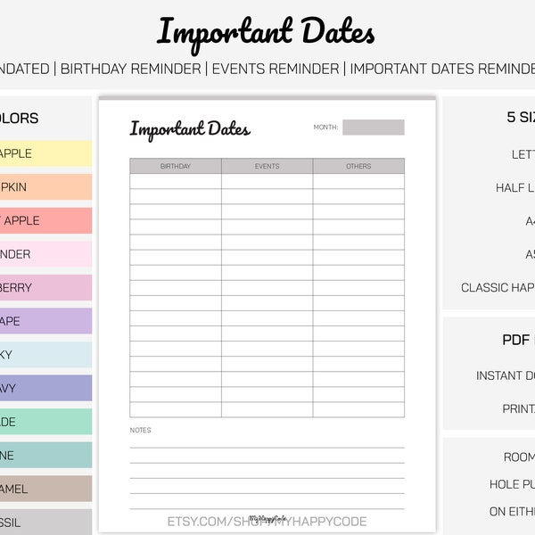 Important Dates Reminder Printable, Birthday Reminder, Events Reminder, Birthday Tracker, Events Tracker, Important Dates Tracker Printable