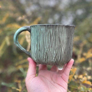 Sensory Mug, 14 floz Handmade Soothing Ceramic Pottery, Subtle mindful tool for common everyday stress, Matte Green, Narrow Ridges image 1