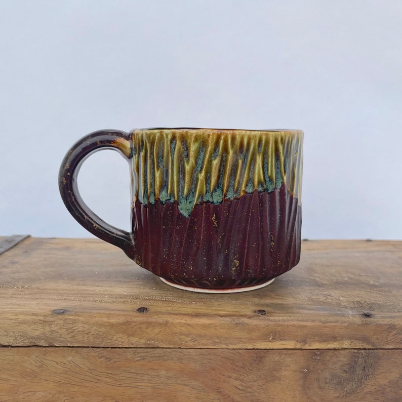 Sensory Mug, 6 floz Handmade Soothing Ceramic Pottery, Subtle mindful tool for common everyday stress, Brown Green, Wide Ridges image 4