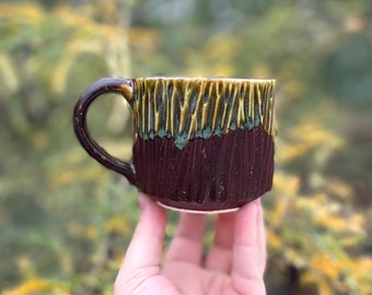 Sensory Mug, 6 floz Handmade Soothing Ceramic Pottery, Subtle mindful tool for common everyday stress, Brown Green, Wide Ridges