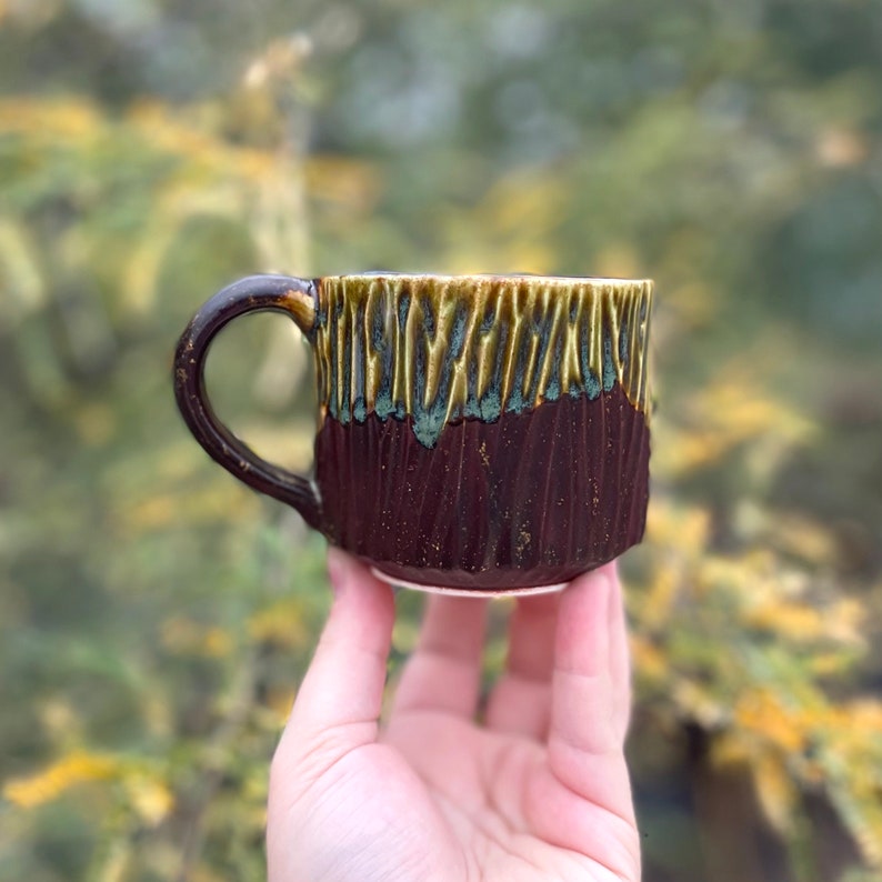 Sensory Mug, 6 floz Handmade Soothing Ceramic Pottery, Subtle mindful tool for common everyday stress, Brown Green, Wide Ridges image 1