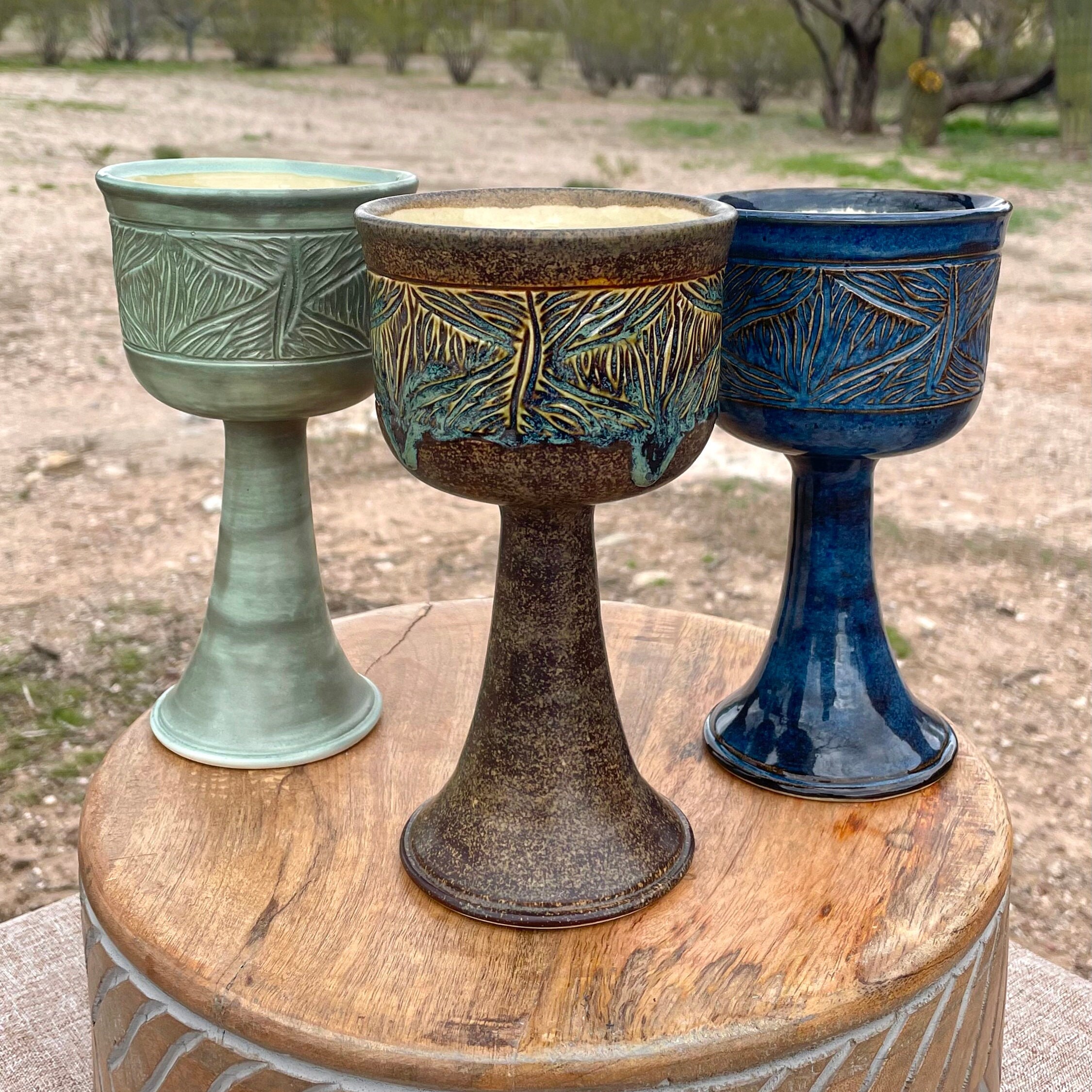 Vintage Blue Stem Wine Glass Set of 4 / Scalloped Water Goblets / Barware /  Water Witch Ritual Chalice / Ocean Witch / Witchy Decor 