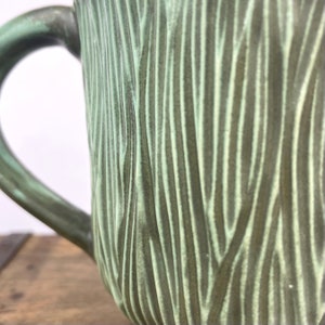 Sensory Mug, 14 floz Handmade Soothing Ceramic Pottery, Subtle mindful tool for common everyday stress, Matte Green, Narrow Ridges image 3