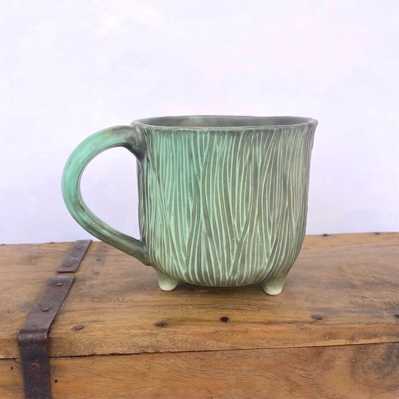 Sensory Mug, 14 floz Handmade Soothing Ceramic Pottery, Subtle mindful tool for common everyday stress, Matte Green, Narrow Ridges image 2
