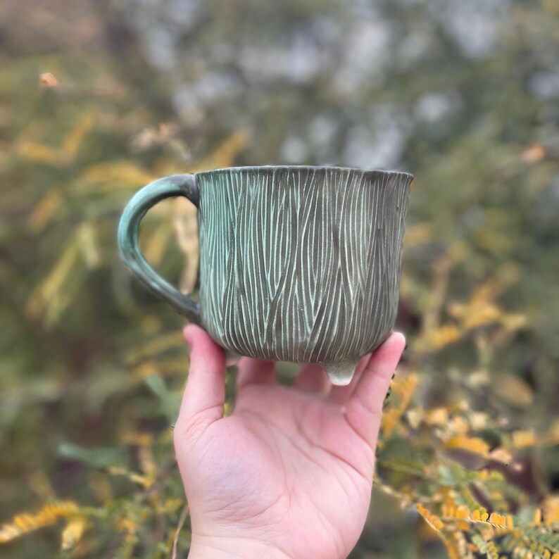 Sensory Mug, 14 floz Handmade Soothing Ceramic Pottery, Subtle mindful tool for common everyday stress, Matte Green, Narrow Ridges image 1