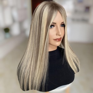 Stock Light blonde with dimension and light brown root Silk Hair Topper, 9x9” full coverage silk Base toppers for women 14-18” length