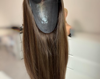 16” thin skin PU base hair topper, rich brown color women topper, 7x9” realistic scalp free parting hair toppers, seamless coverage