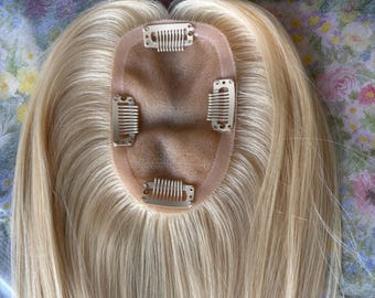 Topper monocromático de volumen ligero de 3x5", Topper de cabello humano Remy, Base monocromática rubia n.° 613, Corona con clip, Toppers para cabello fino de mujer