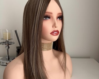 16&quot; Ashy Brown Human Hair Topper: Dimensional Blonde, 8x8&quot; Silk Base