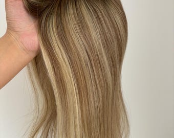 Blonde Remy Human Hair Topper: Fine Mono Base Clip-In Crown (5.5x6&quot;, 10-20&quot;)