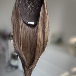 16” Light brunette base with hazelnut brown balayage Silk Top Human Hair Topper, 8x8” full coverage silk topper, Silk Base toppers for women