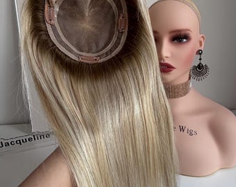 12-18 ”leicht blonde Remy Echthaar Topper, 5.5x6 ”feine Mono Base Clip-In Krone Topper, Haar Topper für Frauen mit dünner werdendem Haar