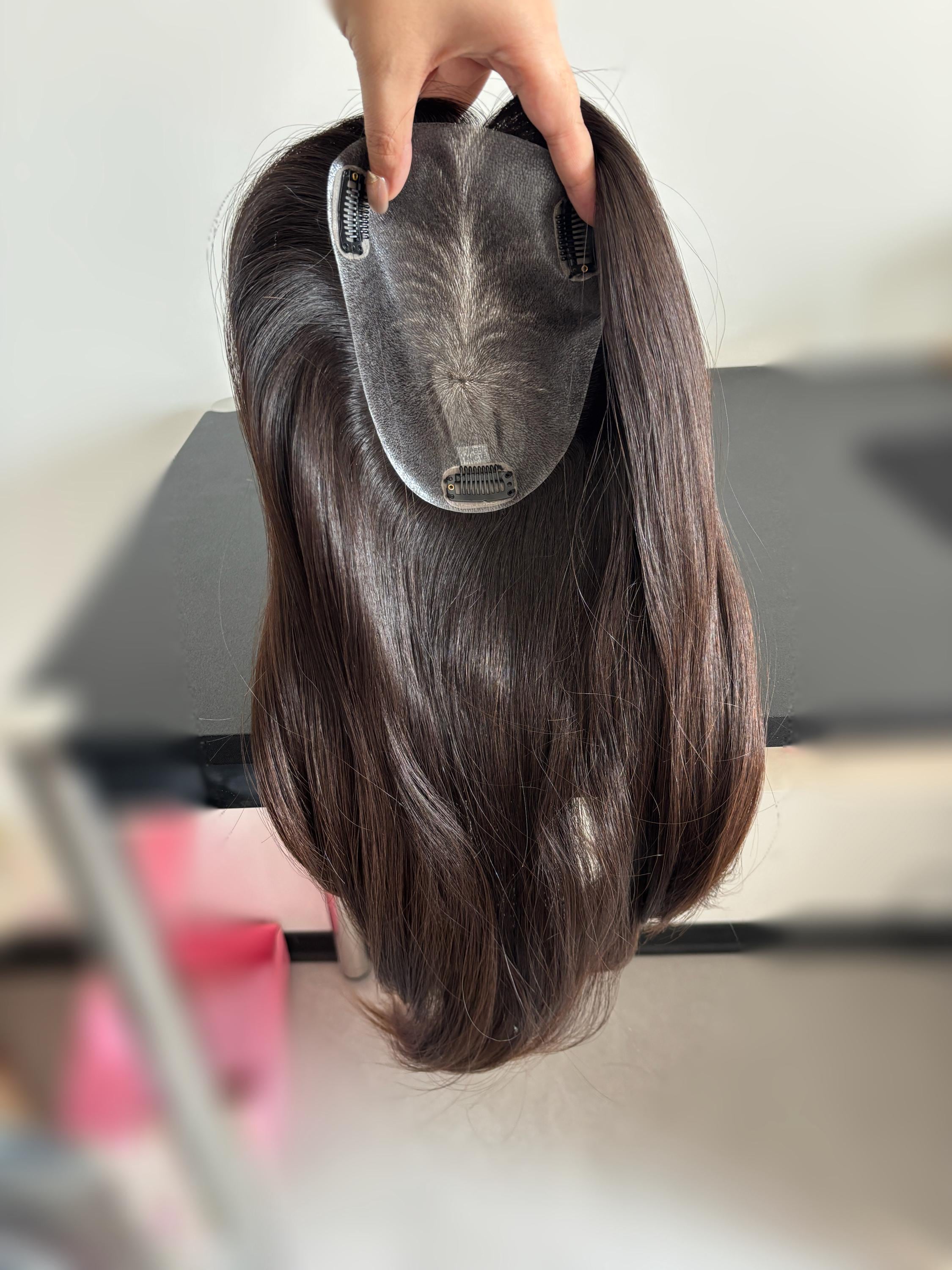 18" European Human Hair Topper: Dark Brown, Free Parting, 13x17cm