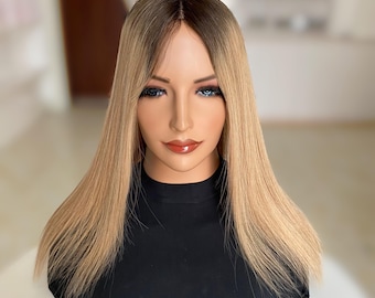 Topper de cabello real con raya monocromática, rubio medio cálido, de 8,5 x 9 pulgadas, topper monocromático de 14, 16 y 18 pulgadas para mujeres, top de color rubio para cabello fino