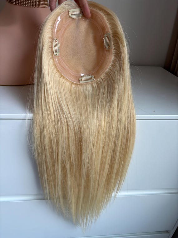 Stock 12-18” Remy Human Hair Topper: Blonde Mono Base Clip  display picture 1