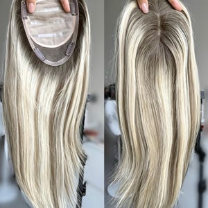 Topper per capelli in seta con base in capelli umani, biondo dimensionale, dimensioni 5x6,5", 14", 16", 18", con riga libera, adatto a donne, con base in capelli veri.